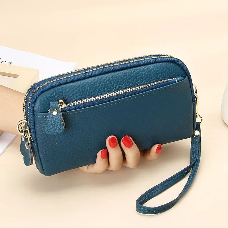 Cyflymder  Genuine Leather Women Double Zip Wallet new Ladies Clutch Purse Cowhide Wristlet Bag Coin Purse Fashion Mobile Phone Bags