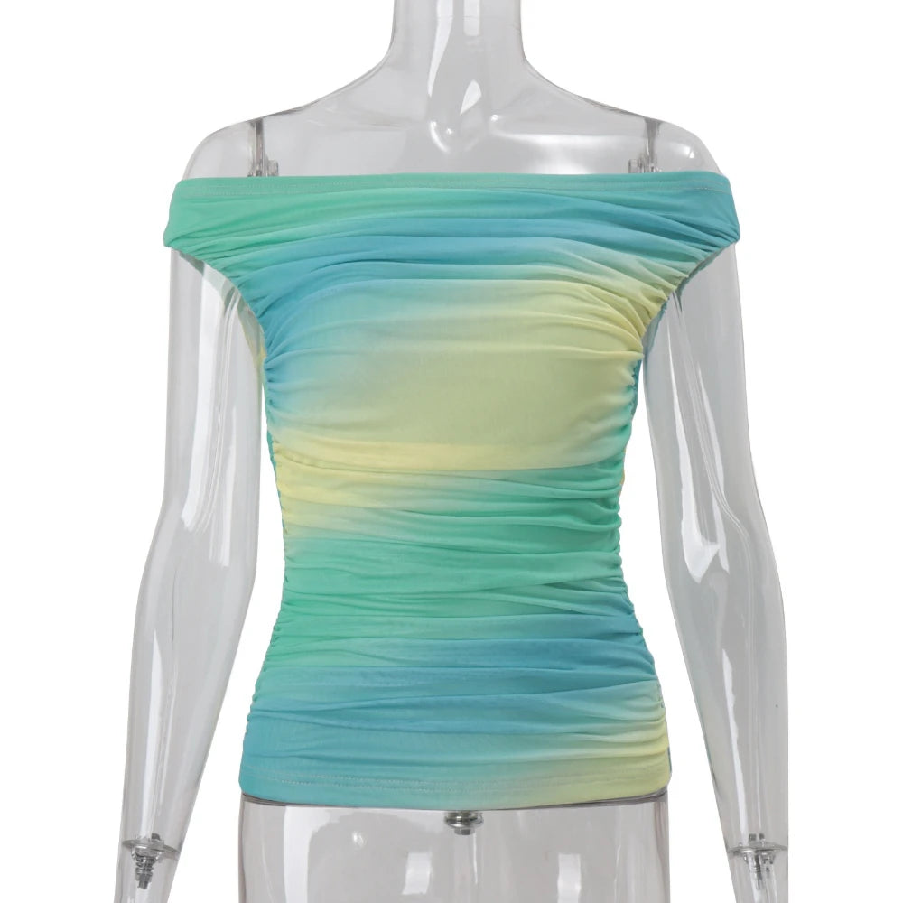 Cyflymder  Gradient Color Slimming Vest for Women Slash Neck Short Sleee Backless Fashionable Sexy Top Female Summer New Style