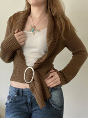 Cyflymder   casual vintage solid Turn Down Collar long sleeve short slim-waist knitted Cardigan