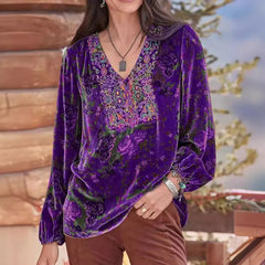 Cyflymder  Women Blouse Vintage Print V Neck Long Sleeve Elastic Cuff Streetwear Spring Autumn Loose Velvet T-shirt Pullover Women Clothes