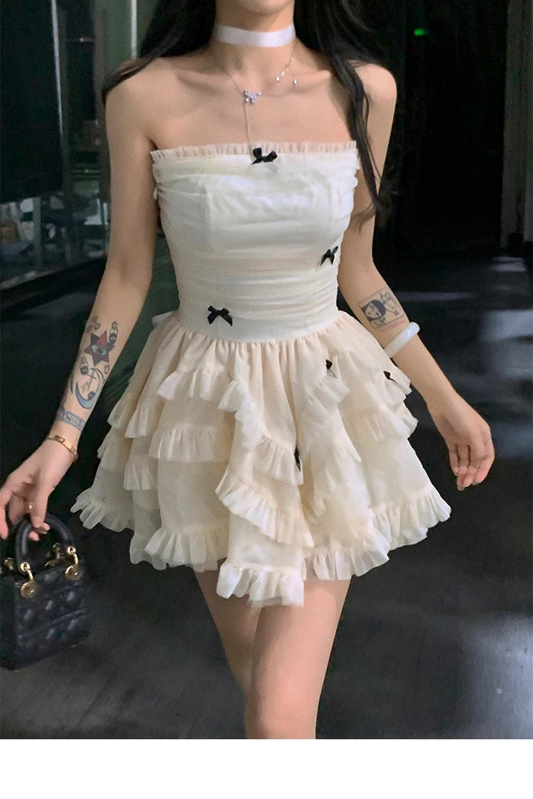 Cyflymder  Summer French Vintage Sweet Dresses Female Kawaii Y2K Fashion Fariy Mini Dress Korean Party Ruffles Puff Sleeve Cake Dress