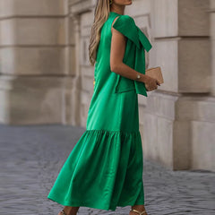 Cyflymder  Fashion O Neck High Waist Commuting Long Dress Casual Street Wear Loose Green Dress Bow Decoration Women's Evening Dress Vestido