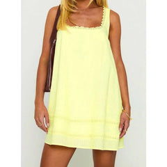 Cyflymder  Women's Babydoll Mini Dress Y2k Lace Trim Square Neck Loose A Line Dress Aesthetic Sleeveless Flowy Short Sundress B