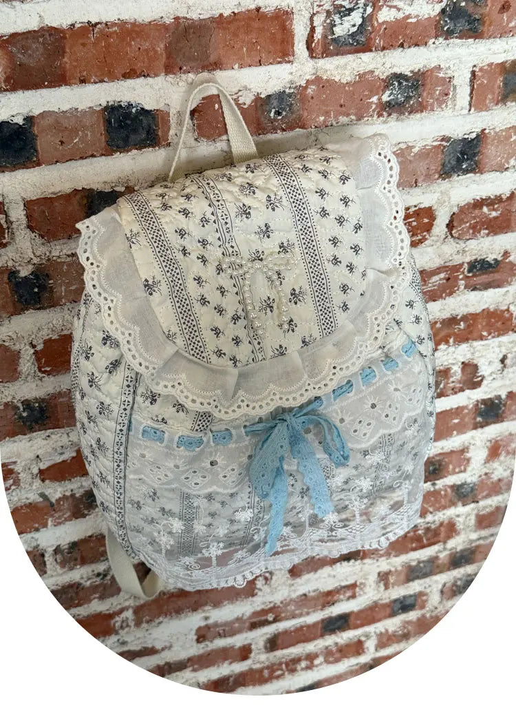Cyflymder  Korean Lace Patchwork Sweet Bow Backpack Women Students Chic Flower Print Bow Schoolbags Y2k Aesthetic Girls All Match Backpacks