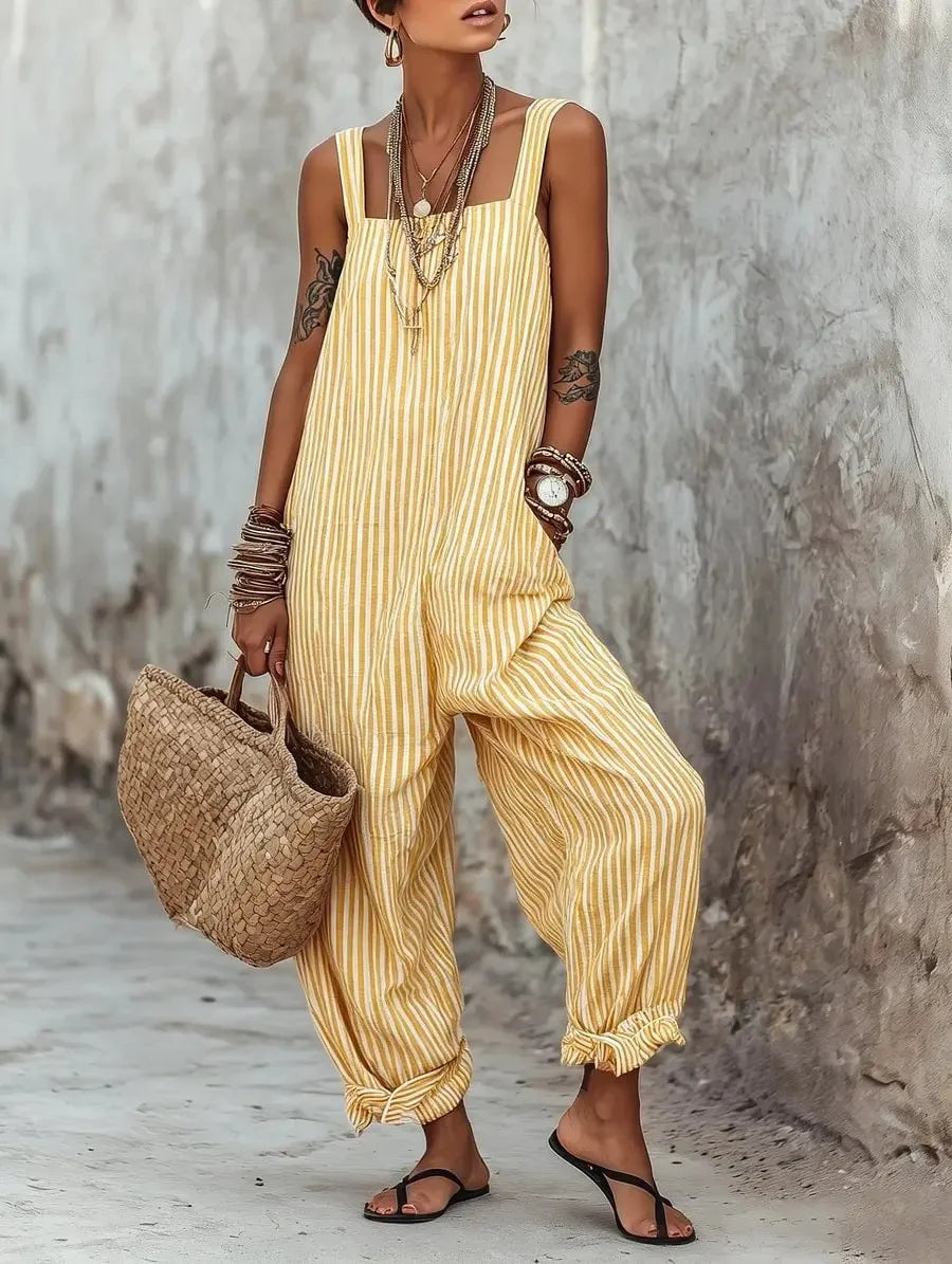 Cyflymder  Women's Summer Jumpsuit Sleeveless Striped Casual Romper High Waist Wide Leg Overalls Blue Striped Backless Cropped Cuff