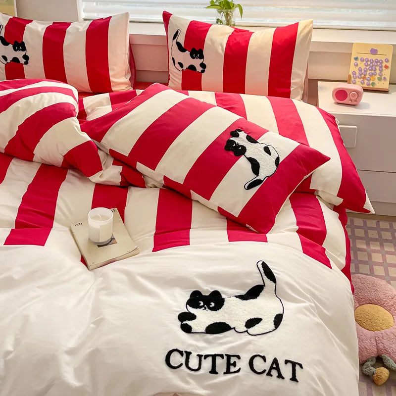 Cyflymder  Pure Cotton Cat Embroidery Stripes Bedding Sets Cartoon Skin Friendly Quilt Set for Dormitory Home Single Queen Size Bedclothes