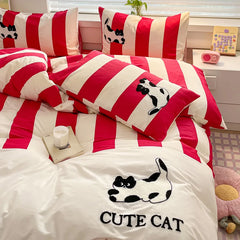 Cyflymder  Pure Cotton Cat Embroidery Stripes Bedding Sets Cartoon Skin Friendly Quilt Set for Dormitory Home Single Queen Size Bedclothes