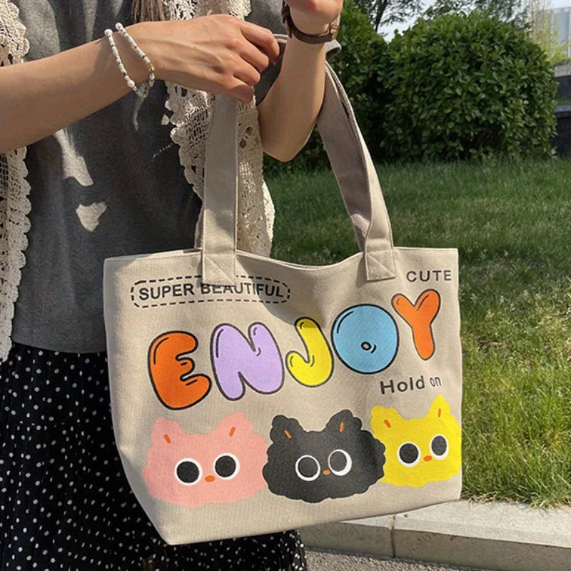 Cyflymder  Letter Printed Tote Bag, Cute Cartoon Canvas Handbag Shoulder Bag, Large Capacity Shopping Bag, Campus Computer School Book Bag