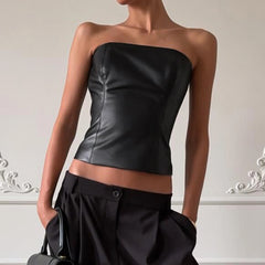 Cyflymder  Women Faux Leather Tube Top Strapless Bandeau Corset Top Solid Black Slim Fit Sleeveless Cropped Streetwear Camisole Back Zipper