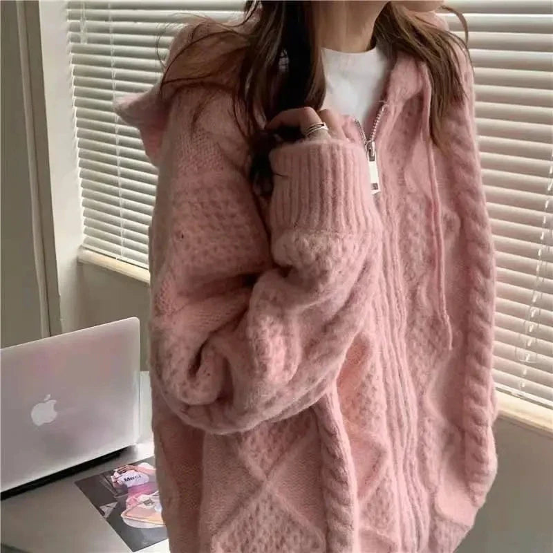 Korean Knit Cardigan Hooded Women Fashion Winter Casual Loose Zipper Thick Sweater All Match Female Streetwear Coats New Cyflymder