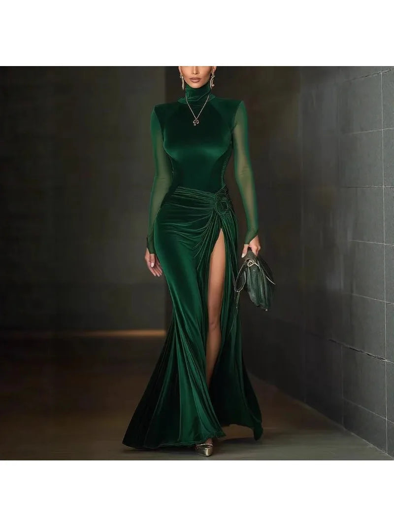 Cyflymder  Elegant Party Evening Maxi Dress for Women's Split Hem Knot Ruched Mesh Velvet Splice Turtleneck Long Sleeve Cocktail Dress