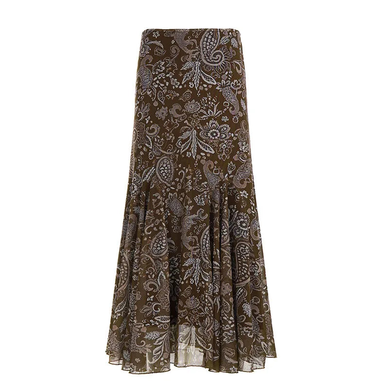Cyflymder  Women's Vintage Brown Floral Print Maxi Skirt New Spring Summer Retro Style A Line Long Skirt Casual Boho Outfit No Belt