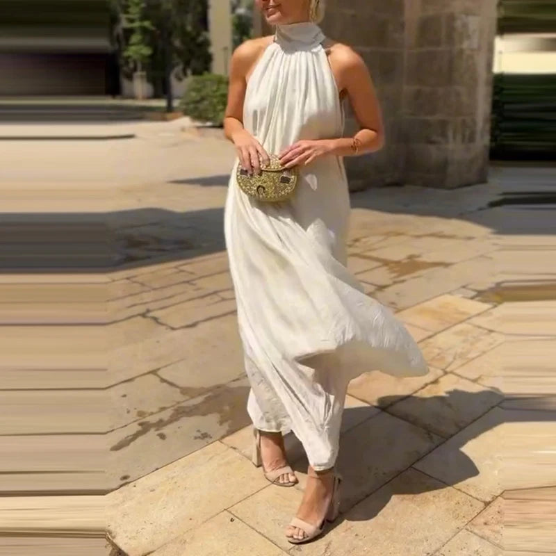 Cyflymder  Ladies Fashion Turtleneck Lace-up Long Dress Spring Casual Solid Pleated Evening Dress Summer Sleeveless Streetwear Maxi Dresses