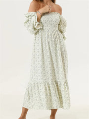 Cyflymder  Woman Vintage Floral Dress Puff Long Sleeve Off Shoulder Ruffle Long Dress Spring Fall Casual Vintage Bohemian Dresses