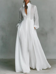 Cyflymder  Elegant Solid White Long Dress for Women's Single Breasted Pockets Behemian Vintage Stand Collar Spring Evening Dresses 2026