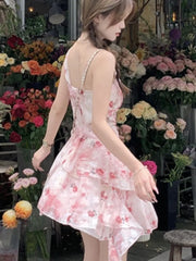 Cyflymder  Summer Sweet Fashion Elegant Floral Print Camisole Dress French Holiday Beach Irregular Dresses Women Evening Party Prom Gown