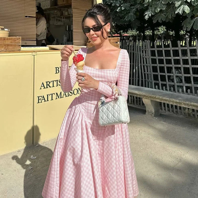 Cyflymder  Plaid Long Sleeve Pleated Maxi Dress For Women Autumn Fashion Square Collar High Waist A-line Club Party Long Dress New