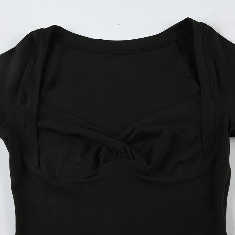 Cyflymder  Casual Basic Lace Trim T Shirt Elegant Slim Folds Square Collar Short Sleeve Tees Women Summer Fashion Streetwear