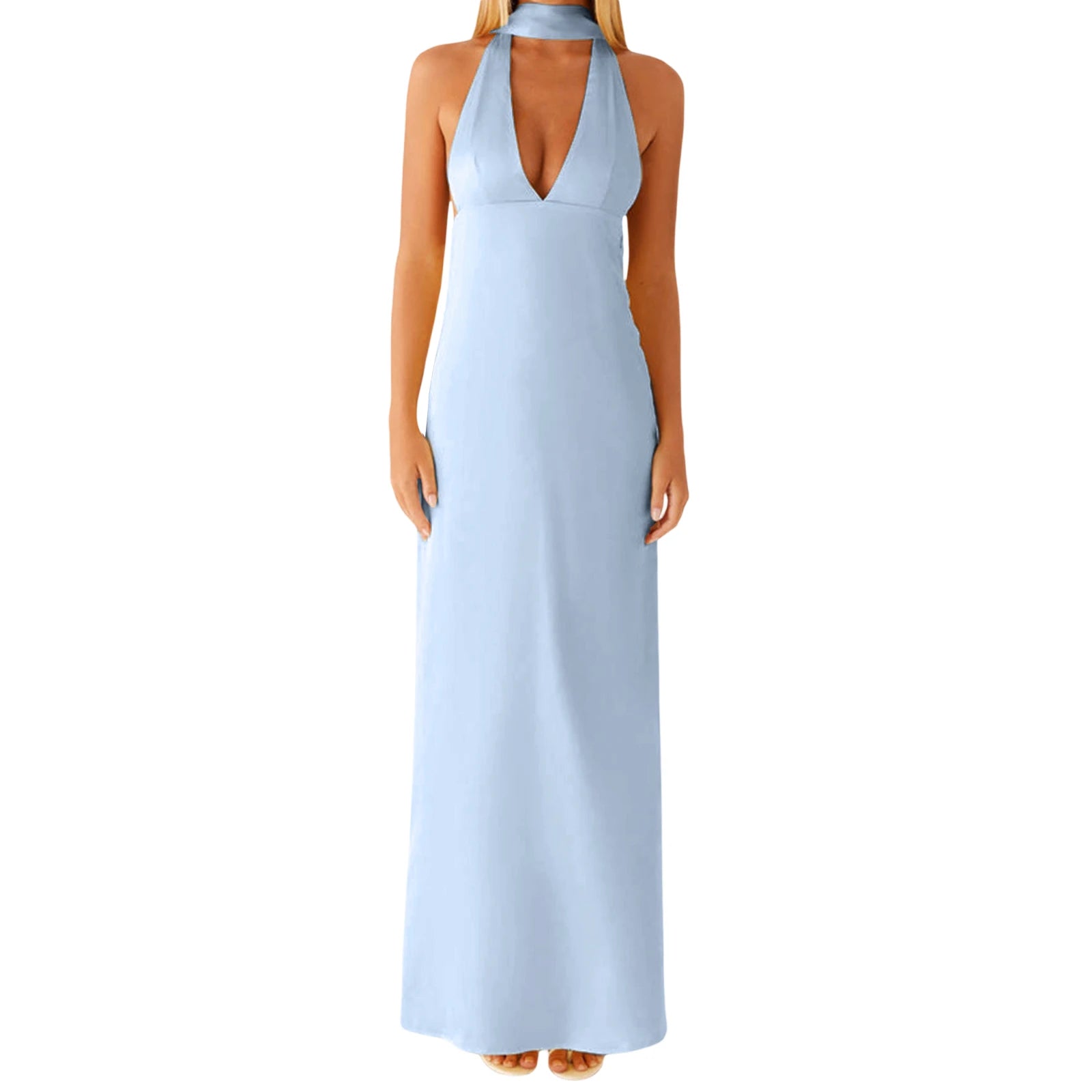 Cyflymder  Elegant Maxi Dress with Boho Floral Print and Halter Neckline Sexy Backless V-Neck Sleeveless Dress for Summer Beach Party