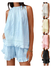 Cyflymder  Women s Casual Summer Outfit Sleeveless Ruffled Trim Top and Loose Fit Shorts Set for a Stylish Look