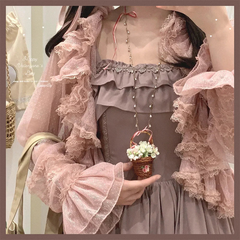 Cyflymder  See Through Long Sleeve Japanese Shrugs Autumn Mesh Ruffle Sweet Cropped Jacket Thin Air Conditioning Shirt Short Sun Protection