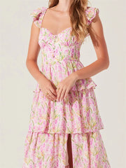 Cyflymder  Elegant Off-Shoulder Maxi Dress with Delicate Floral Print and Flowy Ruffled Layers Perfect for Spring and Summer Events