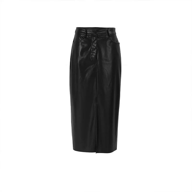 Cyflymder  Sexy Black PU Leather High Waist Straight Slit Mid Length Half Skirts For Women Elegant Temperament Street Commuting Outfit