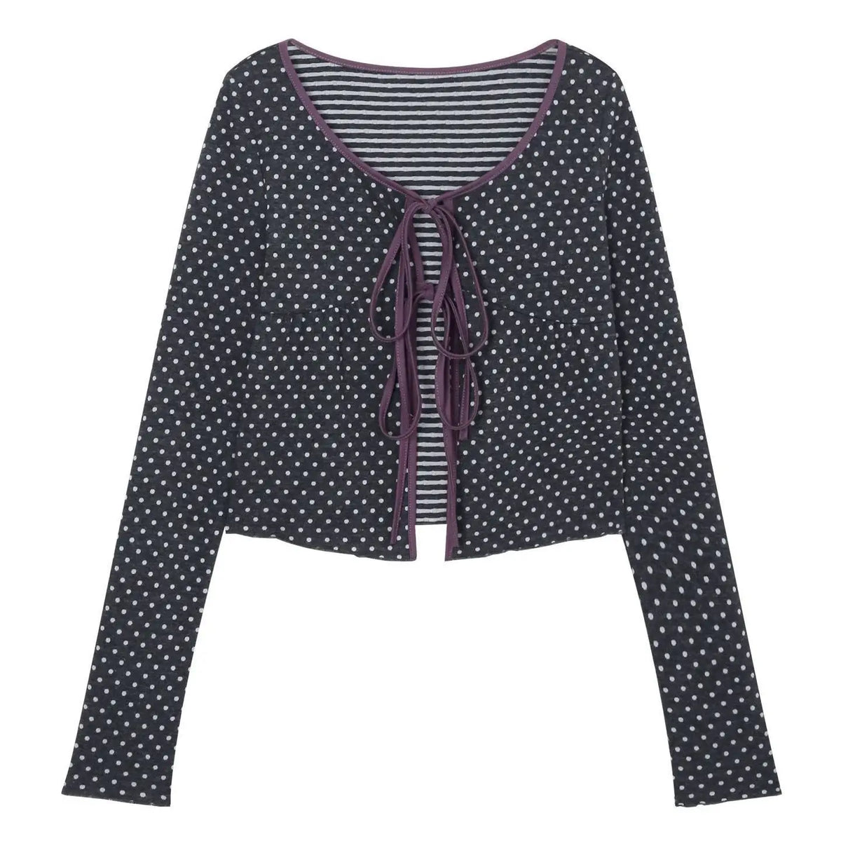 Cyflymder  Polka Dot Lace-up Cardigan Women Korean Chic Sweet Contrast Color Slim Fit Crop Top Autumn Y2k Long Sleeve T-shirts Ins