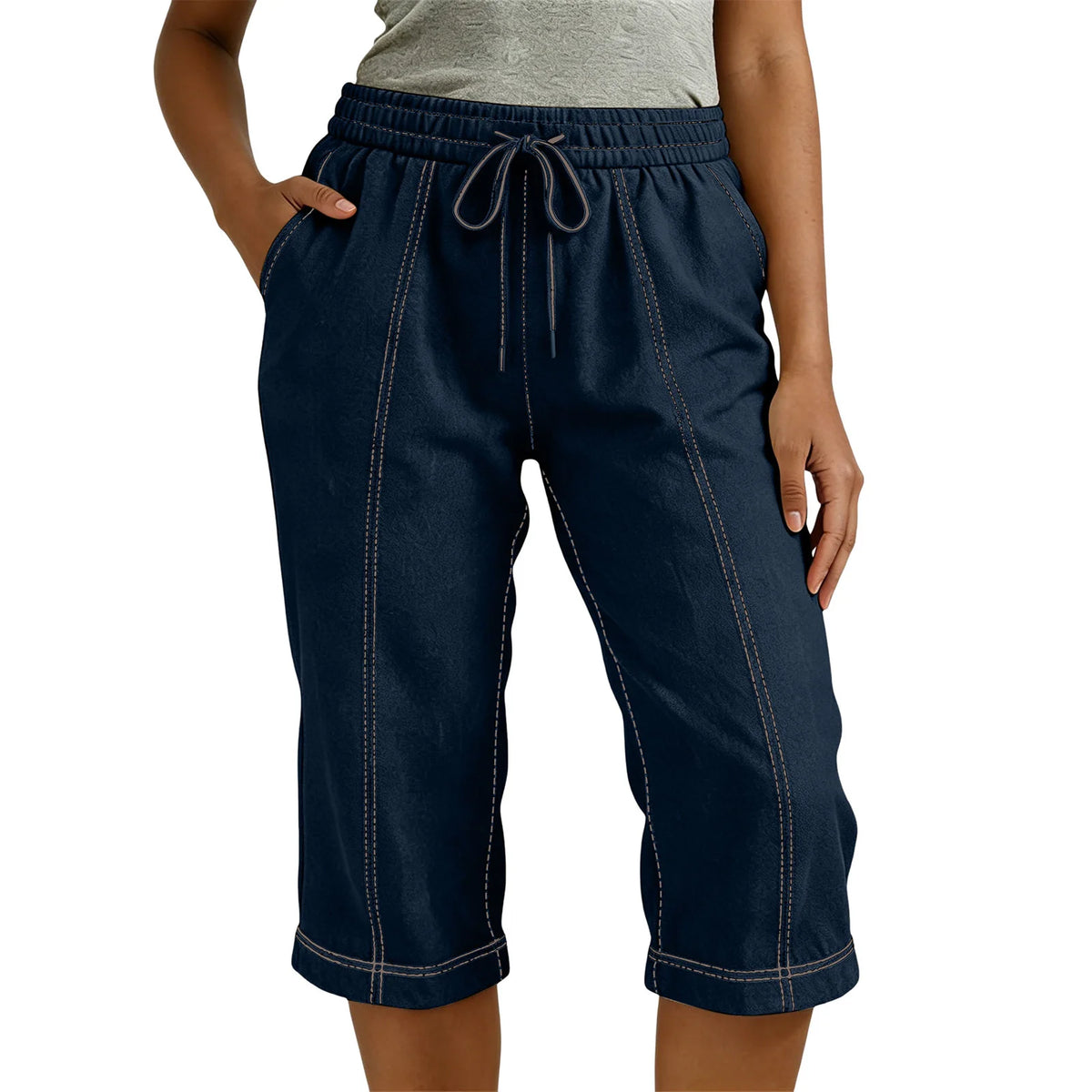 Cyflymder  Women's Color Blocking Capri Pants Drawstring High Waist Cropped Trousers With Pockets Casual Loose Fit Summer Beach Trousers