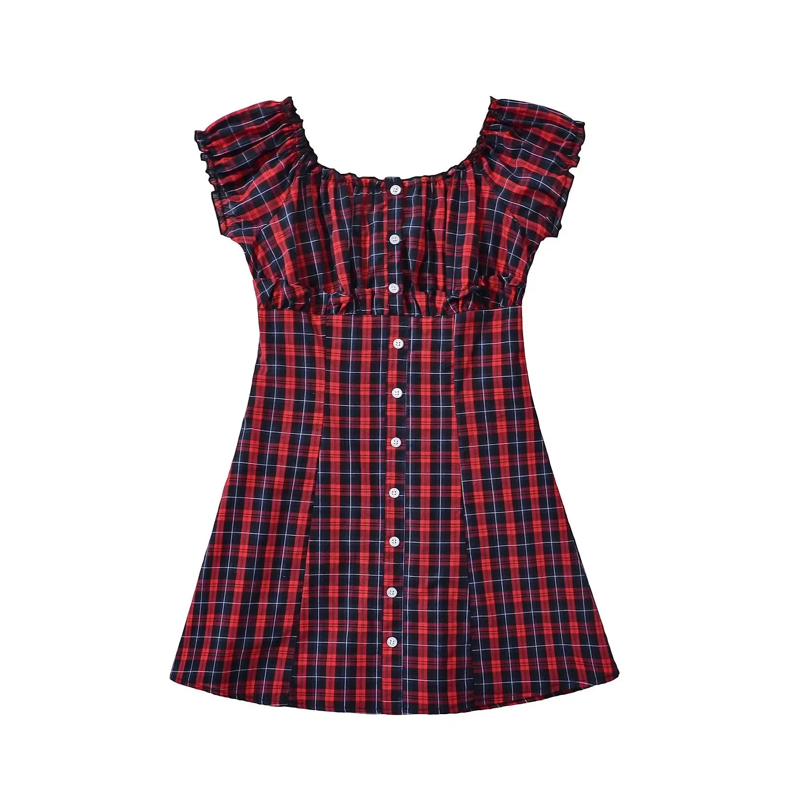 Cyflymder  CHIC Contrast Color Plaid Open Buttons Slash Shoulder Mini Dress Women Short Sleeve Slim Waist Dresses Holiday Robe Femme