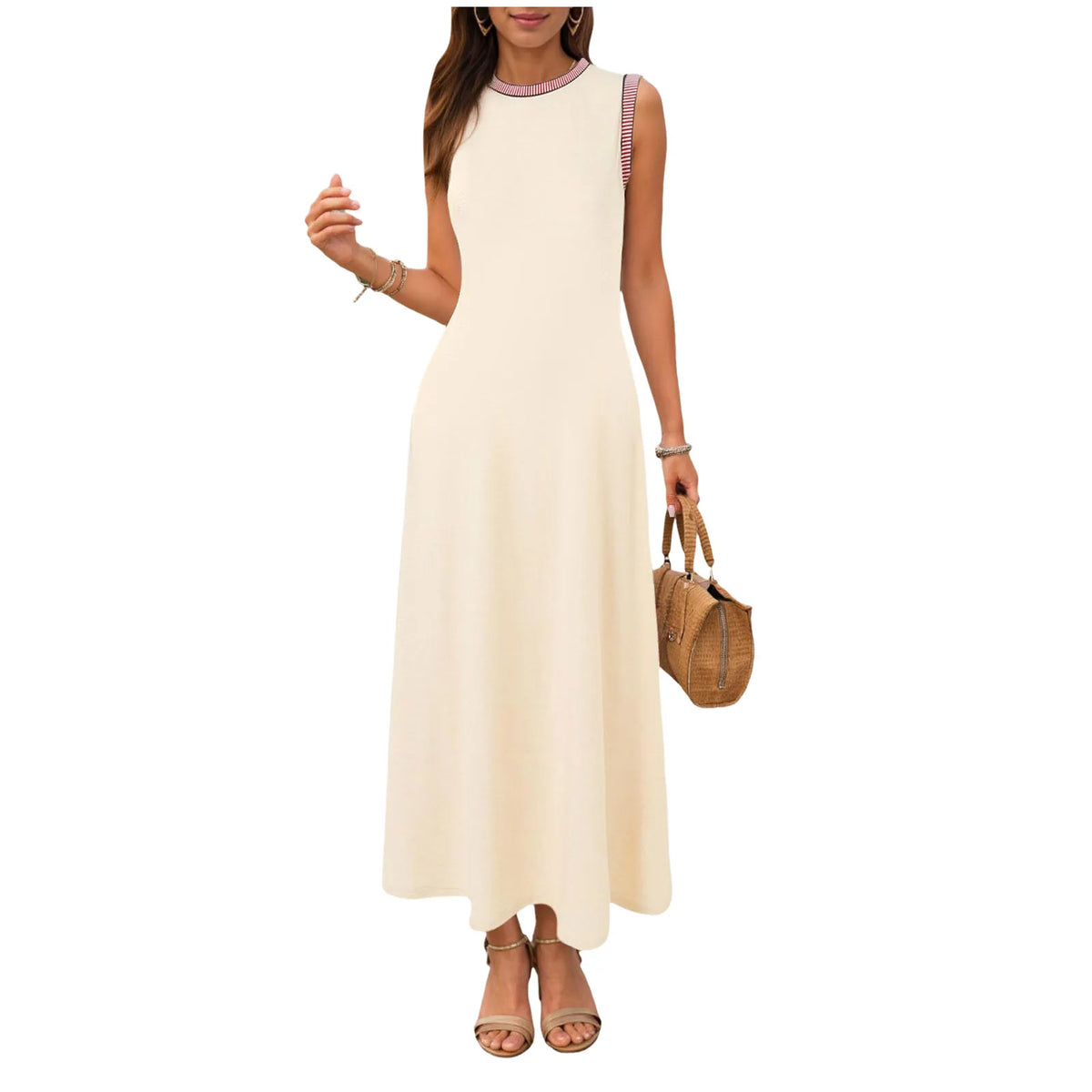 Cyflymder  Loose Straight Summer Dresses For Women Sleeveless Round Neck Solid Patchwork Maxi Long Dress Plus Size Dresses For Curvy Women