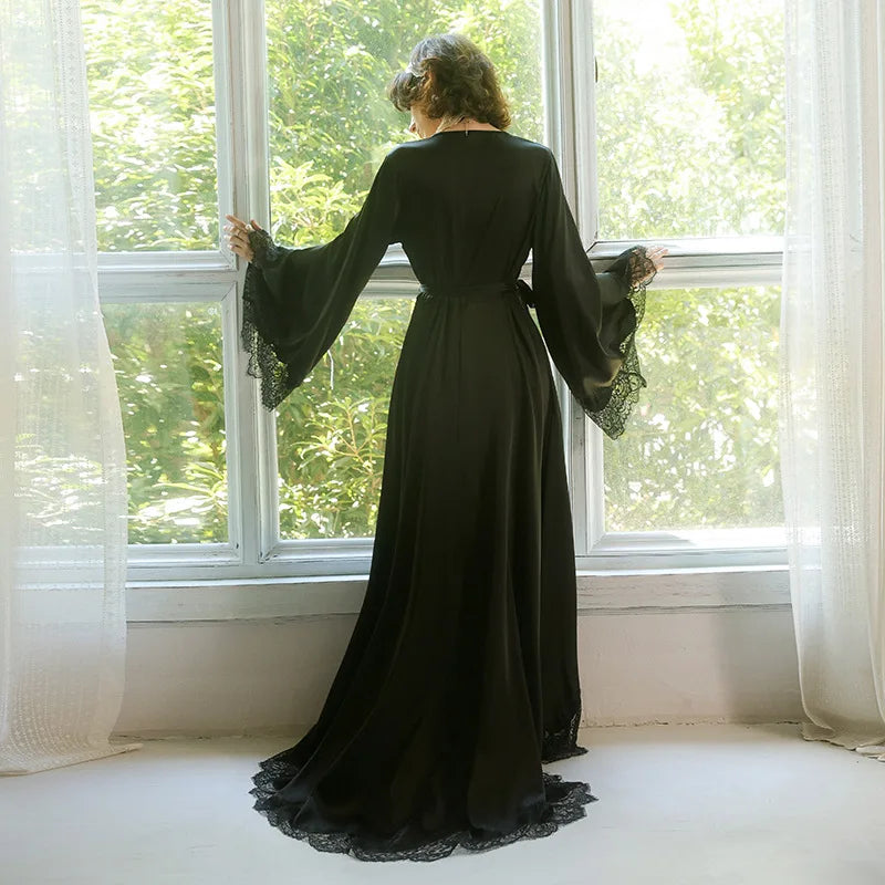 Cyflymder  Women's High-end Elegant French Romantic Nightgown with Satin Lace Decoration Long Trailing Bell Sleeves Home Robe