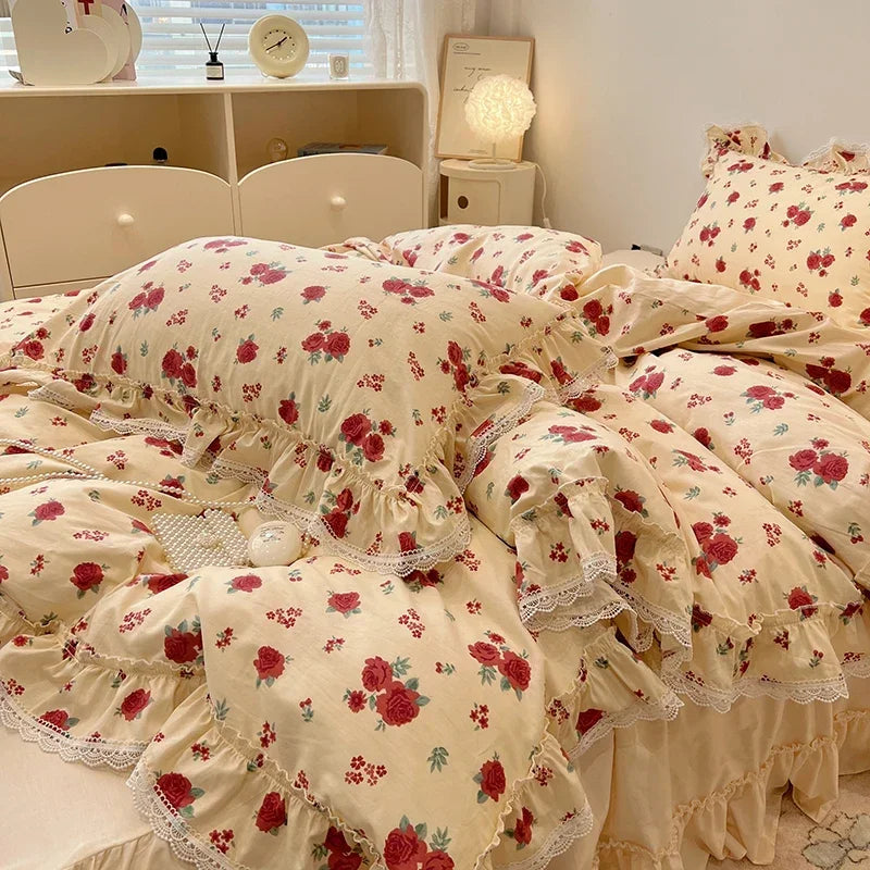 Cyflymder  100% Cotton Vintage Countryside Rose Floral Lace Ruffles Duvet Cover Set Bed Skirt Or Bed Sheet Pillowcases Girls Bedding Set