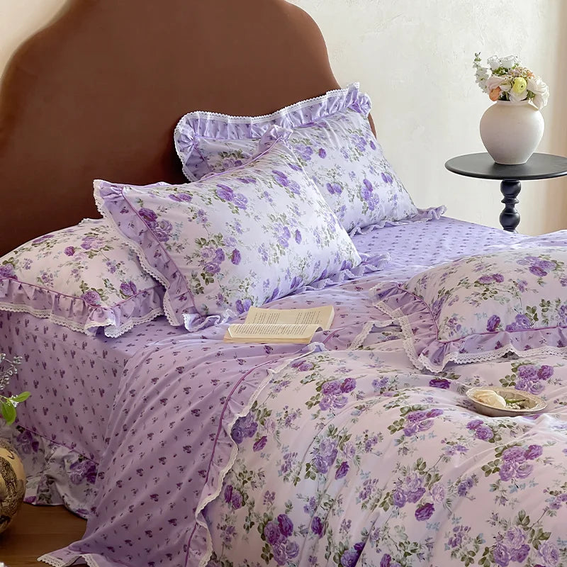 Cyflymder  Rustic Vintage French Rose Floral Ruffles 100% Cotton Bedding Set Duvet Cover Set Flat/Fitted Bed Sheet Pillowcases 4Pcs