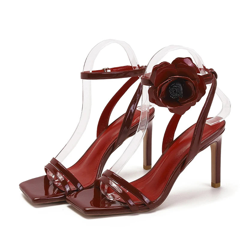 Cyflymder  Summer Fashion Wine Red Patent Leather Flowers Ankle Strap Sandals Women Square Toe Gladiator High Heels Party Dress Shoes