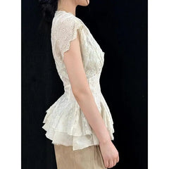Cyflymder  French White Lace Hollow Out Shirt for Women's Summer V-neck Short-sleeved Slim Fit Shirt Fashion Female Clothes
