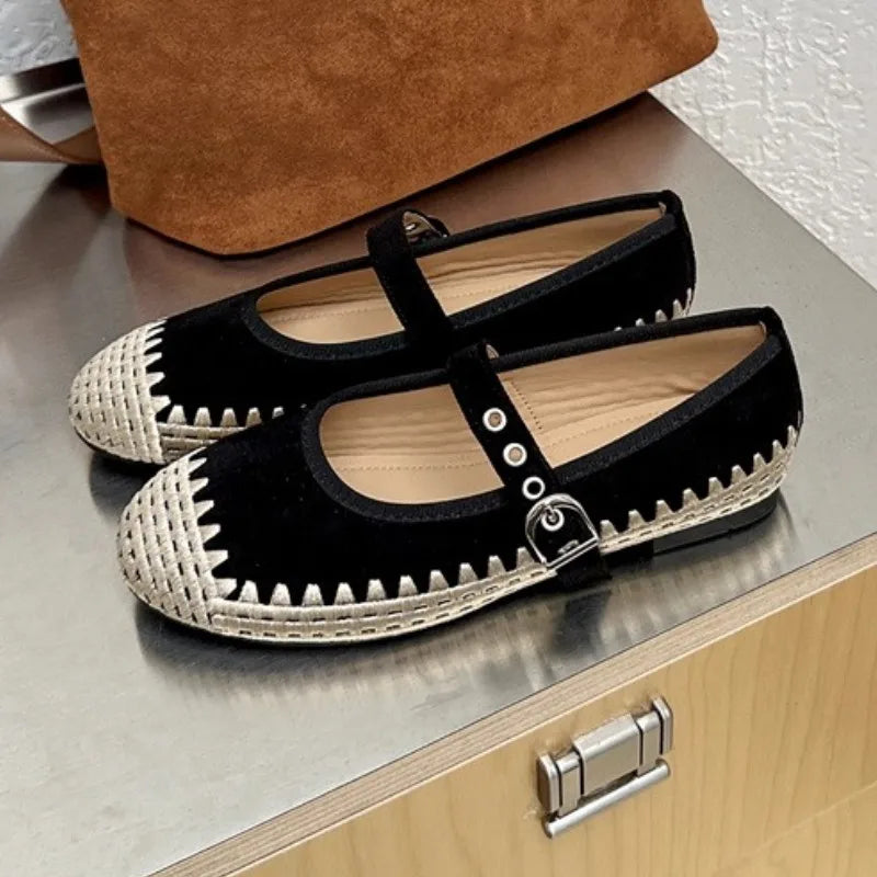 Cyflymder  New Woven Splicing Flats Women Faux Suede French Style Round Toe Buckle Mary Jane Shoes Comfort Shallow Designer Shoes Loafers