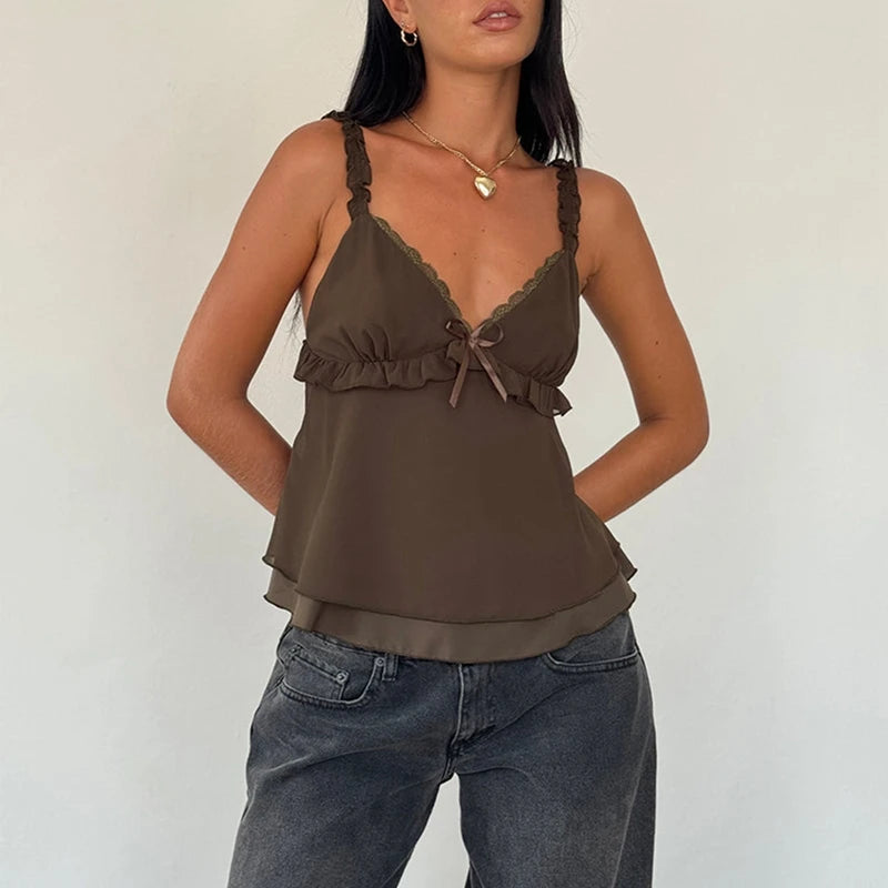 Cyflymder  Kawaii Frill Spaghetti Strap Chiffon Vest Bow Front Ruffled Camisole Women Crop Top Retro Y2K Fairy Backless Clothes