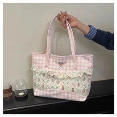 Cyflymder  Sweet Cute Pink Plaid Tote Bag Women Harajuku Romantic Lace Detail Shoulder Bags Female Large Capacity Casual  Handbag