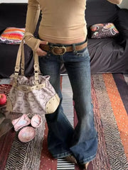 Cyflymder  Summer Jeans Women Washed Distressed Rivet Jeans American Vintage Y2K Street Style Slim Flared Draping Denim Pants Fashion