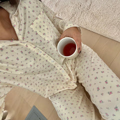 Cyflymder  Women Pajamas Cute 2 Piece Set Y2K Vintage Print Button Up Long Sleeve Blouse T-shirt Tops+Pants Home Loungewear Sleepwear