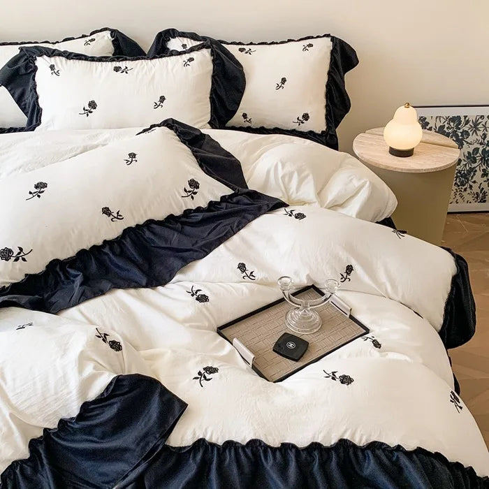 Cyflymder 4pcs Rose Embroidered Duvet Cover Set (1*Duvet Cover 1*sheet 2*Pillowcase ), Princess Style Lace Bedding Set ﻿
