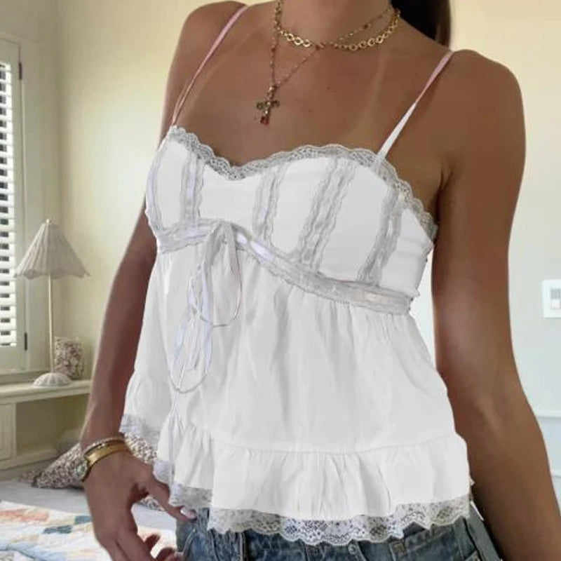 Cyflymder  Lace Trim Babydoll Camis Y2k Fairycore Peplum Crop Tops 00s Aesthetic Backless Tank Tops Women Milkmaid Vest Holiday