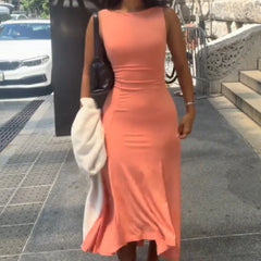 Cyflymder  Maxi Dress For Women Sultry Boat Neck Sleeveless Ruched Waist Slim Fit Flared Hem Long Skirt Lady's Casual Daily Bodycon Frock