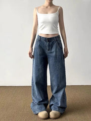 Cyflymder   American Vintage Paris Buckle Design Slub Cotton Denim Jeans Street Style Unique Straight Leg Loose All Match Long Pants