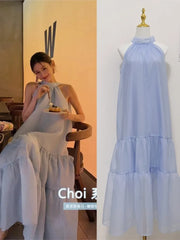 Cyflymder  Women Summer Halter Bow Blue Long Dress kawaii  vestidos de fiesta  prom deesses  платье корейский стиль veatido elegante