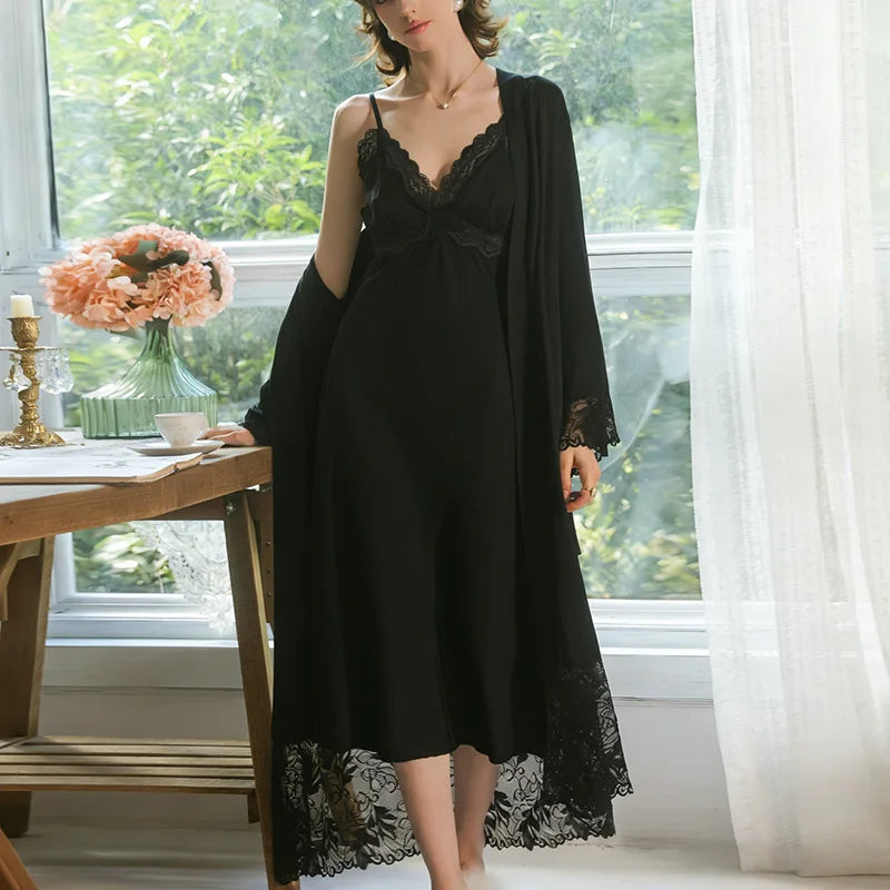 Cyflymder  Lace Contrast Satin Nightgown Suit Women's Hollow Back Long Multi-color Suspender Home Wear