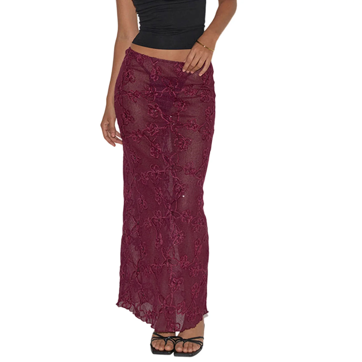 Cyflymder  Elegant Lace Maxi Skirt with Floral Details Perfect for Evening Events and Special Occasions - Women s Fashion Statement Piece