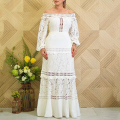 Cyflymder  Elegant Lace Hollow Out Women Evening Dress Off-Shoulder Long Sleeve Prom Party Long Gown Flower Embroidery Maxi Wedding Dresses