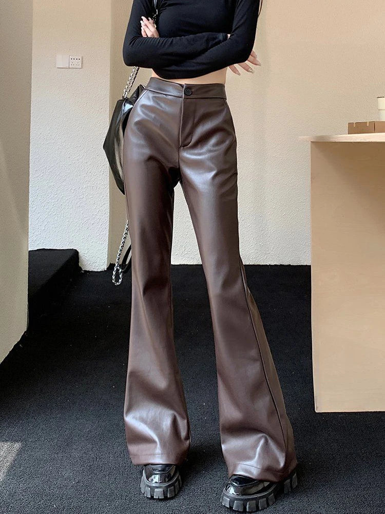 Cyflymder  Streetwear Moto Pu Flare Pants Women High Waist Slim Vintage Trousers Harajuku Casual American Retro Female Autumn Pants